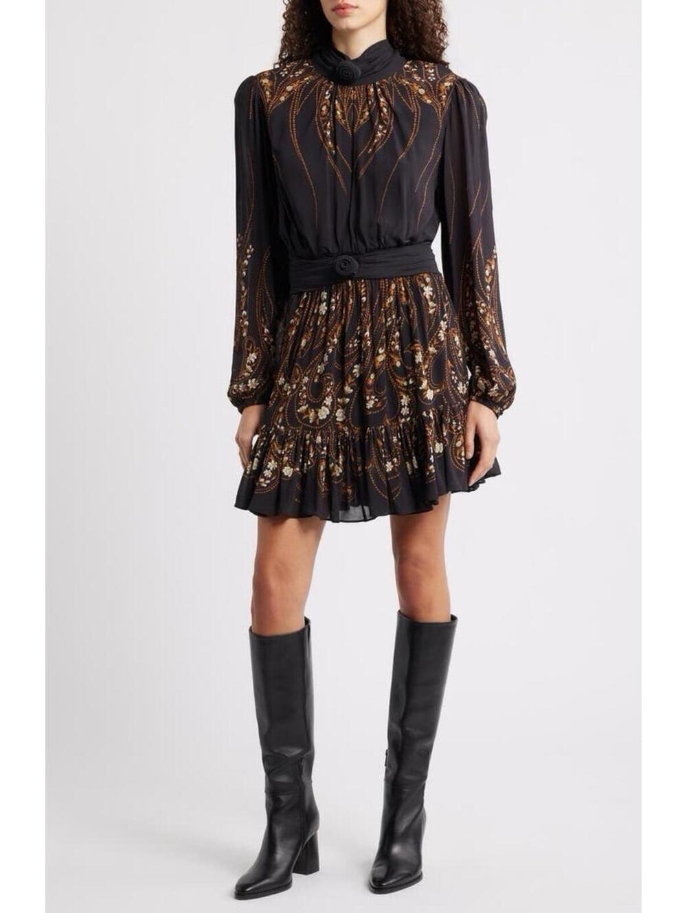 New FARM Rio Garden Silhouette Long Sleeve Dress In Black Size M $320